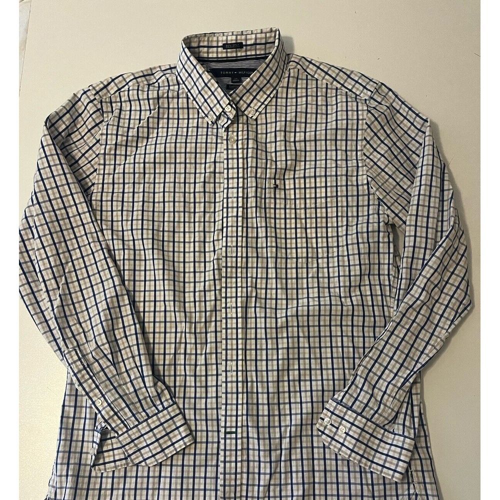 Tommy Hilfiger Mens Shirt Vintage LARGE Custom Fit‎ Blue Striped 2 Ply Y2k Retro